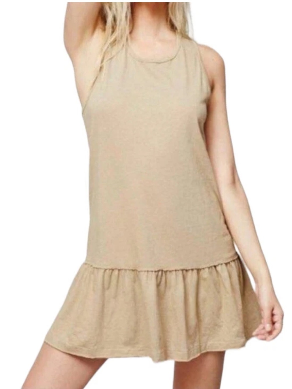 Free People Brittany beige tan drop waist ruffled slouchy mini tunic M dress